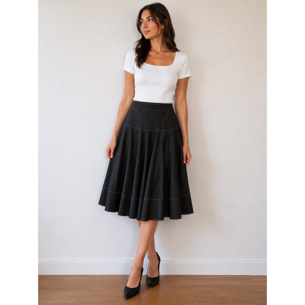 Aleeza Paris Black Contrast Stitch Cotton Midi Fit and Flare Skirt XL Parisian